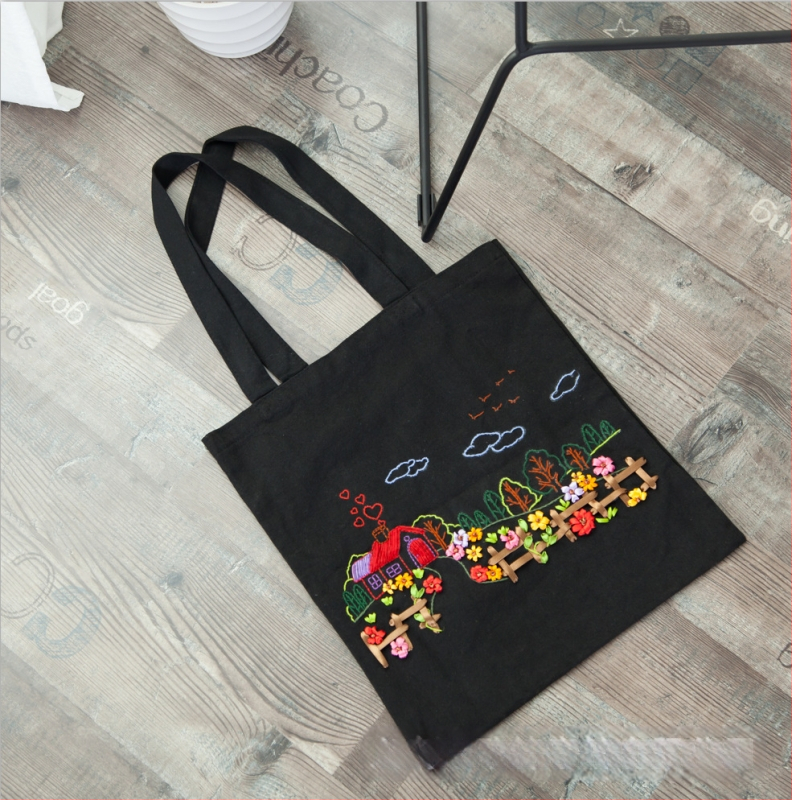 Комплект за sashiko бродерия – чанта от памучна канва, модел цветя, комплект за кръстат бродерия, тип бродерия: други