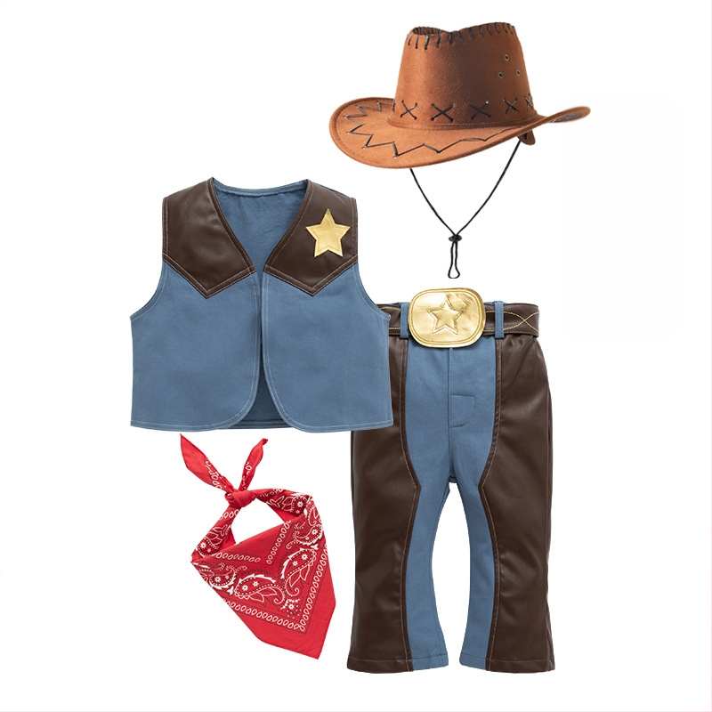 Laste Western cowboy mängukostüüm – 4-osaline komplekt, 95% puuvill, eemaldatav kapuuts, bez varrukate, sobib 3–8-aastastele (100–140 cm)