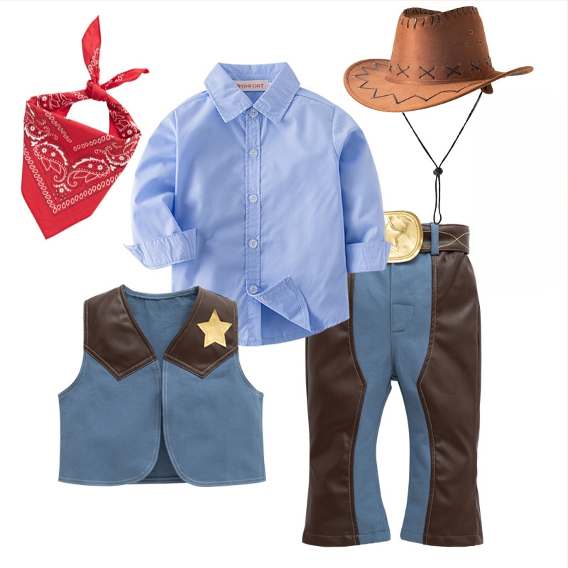 Laste Western cowboy mängukostüüm – 4-osaline komplekt, 95% puuvill, eemaldatav kapuuts, bez varrukate, sobib 3–8-aastastele (100–140 cm)