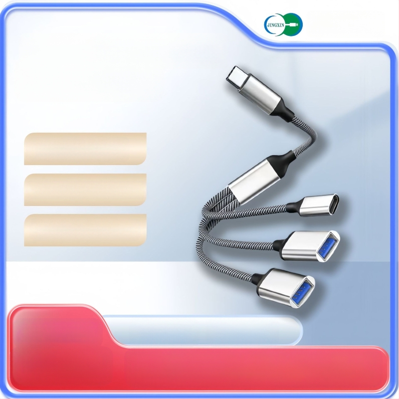 USB-C 3-port OTG hub, USB 2.0 interfeisas, varinis branduolys kabelis, 28 cm ilgis