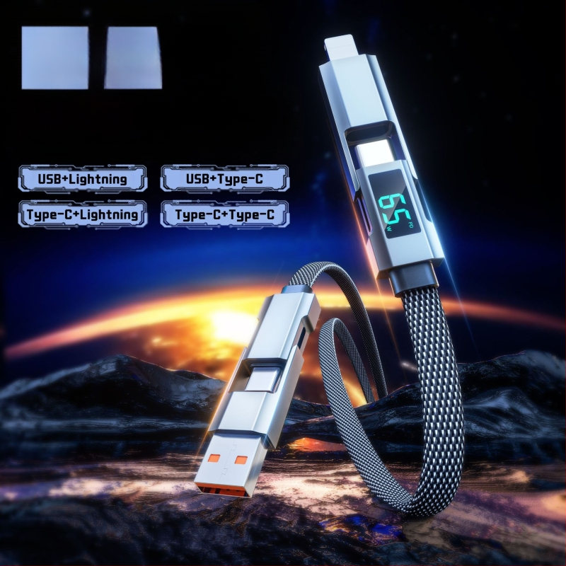 65W skaitmeninis kabelis su ekranu, 4-in-1 USB-C ir Lightning, cinko lydinys, dviejų išėjimų