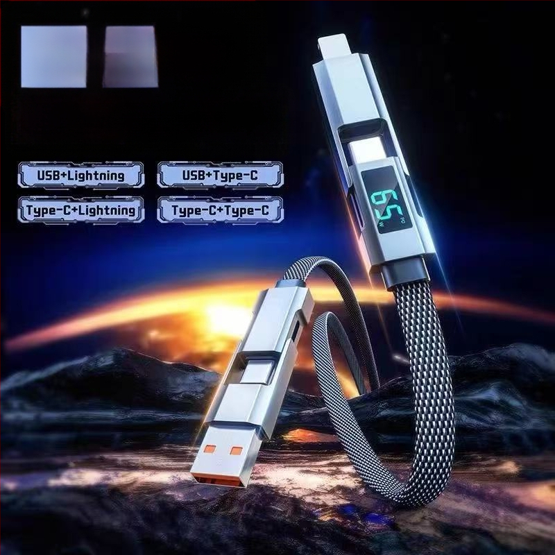 65W skaitmeninis kabelis su ekranu, 4-in-1 USB-C ir Lightning, cinko lydinys, dviejų išėjimų