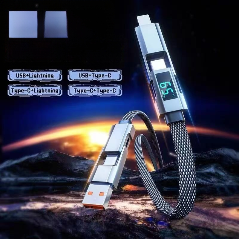 65W skaitmeninis kabelis su ekranu, 4-in-1 USB-C ir Lightning, cinko lydinys, dviejų išėjimų