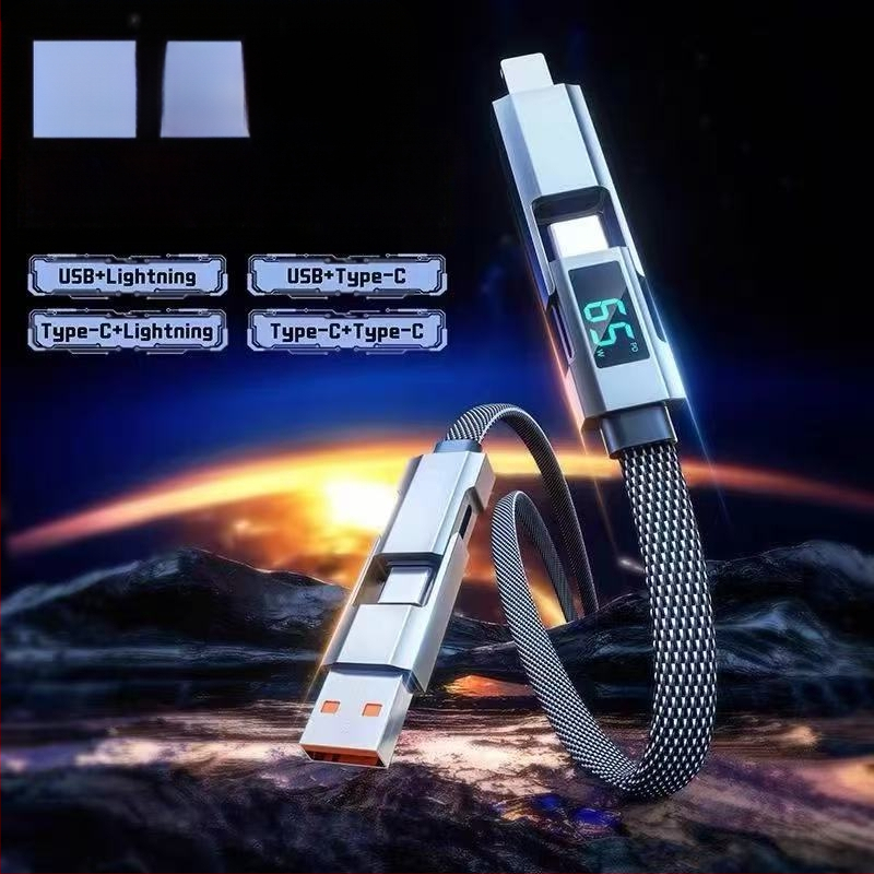 65W skaitmeninis kabelis su ekranu, 4-in-1 USB-C ir Lightning, cinko lydinys, dviejų išėjimų