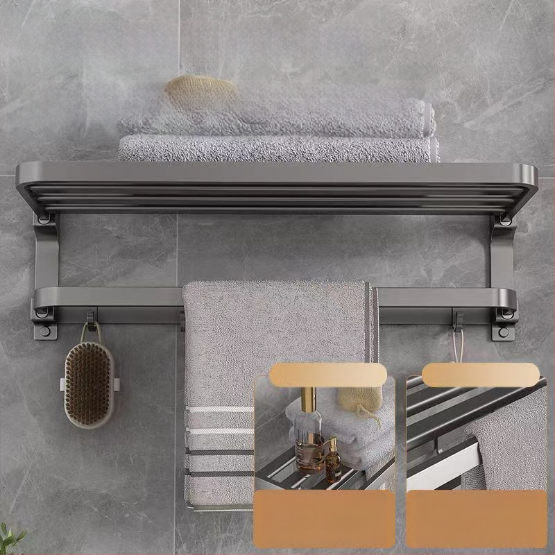 Space aliuminio rankšluosčių laikiklis, sieninis be skylu, 2 sluoksniai, apkrova >15 kg, 2023 m. naujai patobulintas dvigubo sulankstymo modelis, paviršiaus purškimo danga