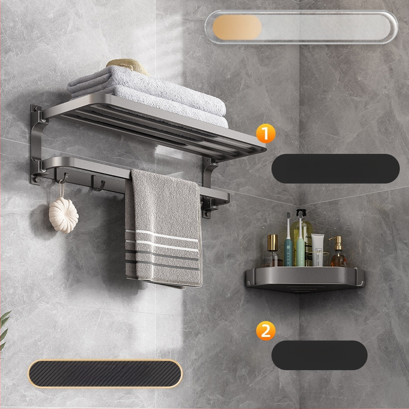 Space aliuminio rankšluosčių laikiklis, sieninis be skylu, 2 sluoksniai, apkrova >15 kg, 2023 m. naujai patobulintas dvigubo sulankstymo modelis, paviršiaus purškimo danga