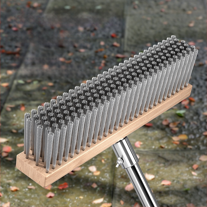 Nerūdijančio plieno vielinė grindų šluota su ilga rankena lauko sammalų šalinimui