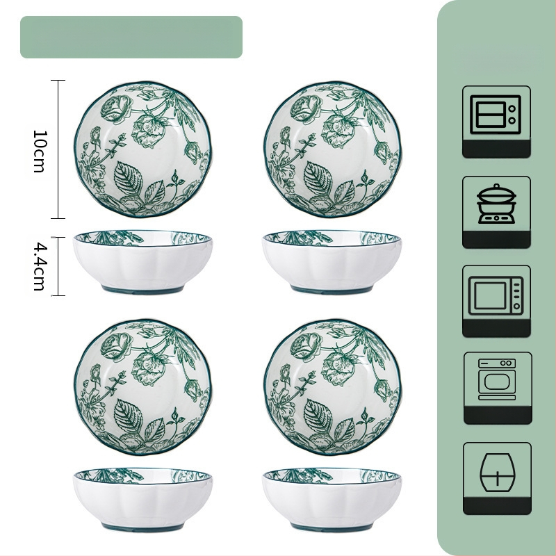 Керамичен комплект съдове за хранене – съдове за супа и чинии, флорален мотив под глазур, подходящ за микровълнова фурна, всекидневен порцелан, стил Национален тренд