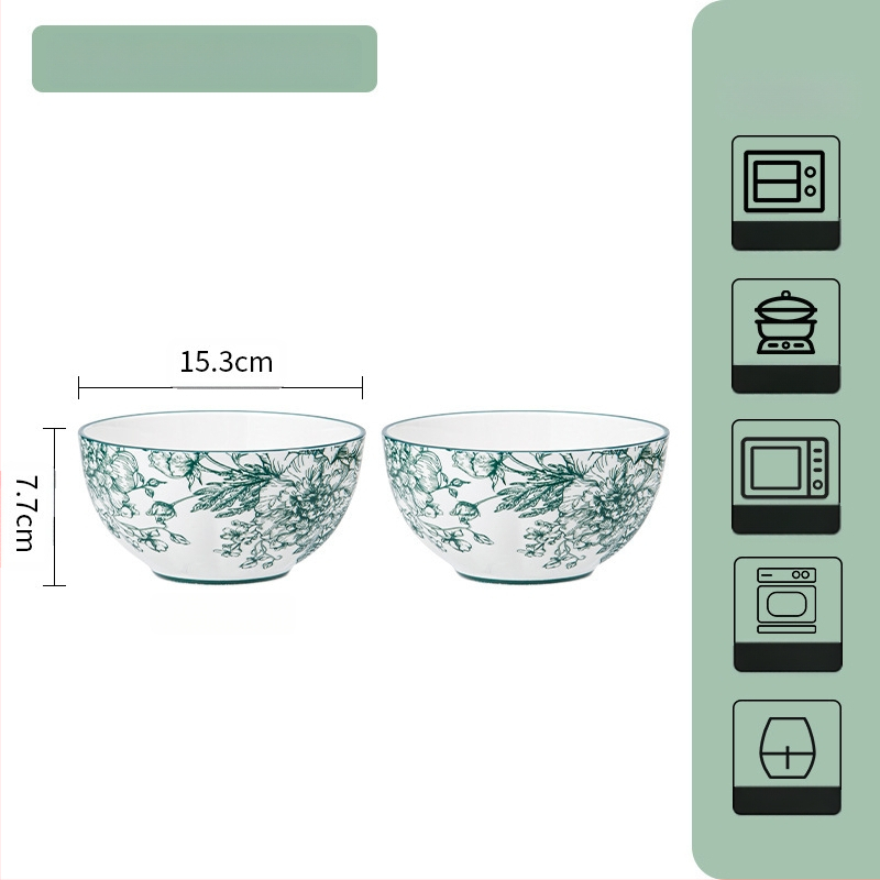Керамичен комплект съдове за хранене – съдове за супа и чинии, флорален мотив под глазур, подходящ за микровълнова фурна, всекидневен порцелан, стил Национален тренд