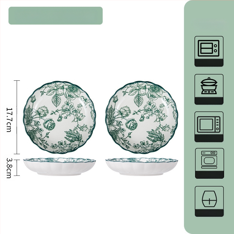 Керамичен комплект съдове за хранене – съдове за супа и чинии, флорален мотив под глазур, подходящ за микровълнова фурна, всекидневен порцелан, стил Национален тренд