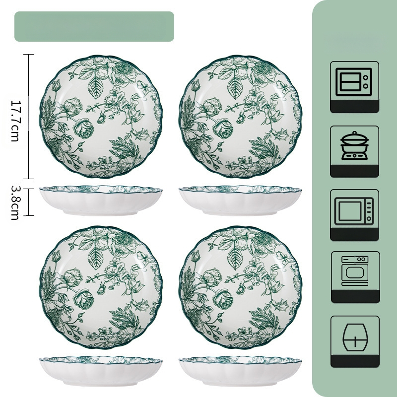 Керамичен комплект съдове за хранене – съдове за супа и чинии, флорален мотив под глазур, подходящ за микровълнова фурна, всекидневен порцелан, стил Национален тренд