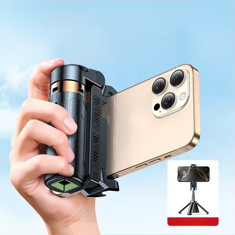 Mini Bluetooth selfiestiks telefonom ar četrkājīgu statīvu, teleskopisks, attēla stabilizācija, iebūvēts apgaismojums, materiāls alumīnija sakausējums + ABS