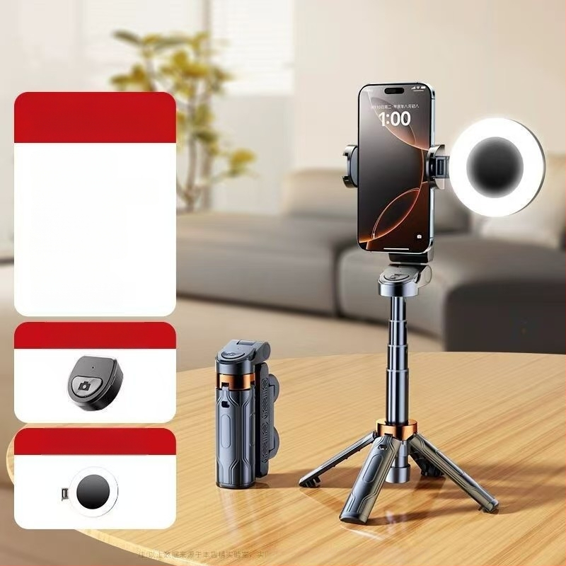 Mini belaidė Bluetooth selfie lazda telefonui su keturių kojų statyvu, teleskopinė, vaizdo stabilizacija, įmontuotas apšvietimas, medžiaga aliuminio lydinys + ABS