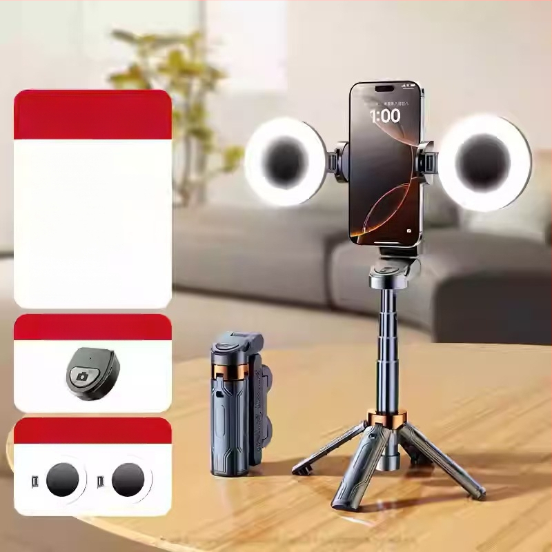 Mini belaidė Bluetooth selfie lazda telefonui su keturių kojų statyvu, teleskopinė, vaizdo stabilizacija, įmontuotas apšvietimas, medžiaga aliuminio lydinys + ABS