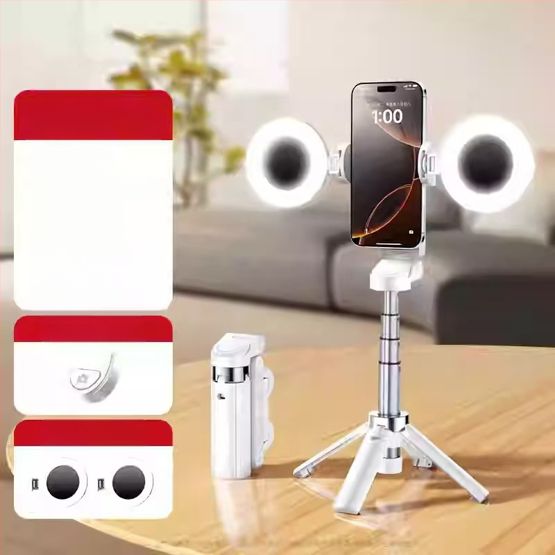 Mini belaidė Bluetooth selfie lazda telefonui su keturių kojų statyvu, teleskopinė, vaizdo stabilizacija, įmontuotas apšvietimas, medžiaga aliuminio lydinys + ABS