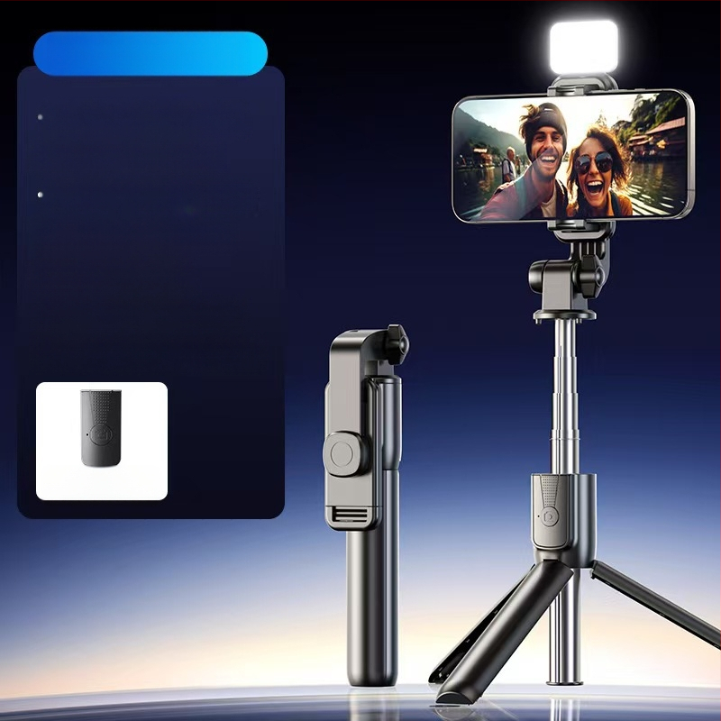 Mini belaidė Bluetooth selfie lazda telefonui su keturių kojų statyvu, teleskopinė, vaizdo stabilizacija, įmontuotas apšvietimas, medžiaga aliuminio lydinys + ABS