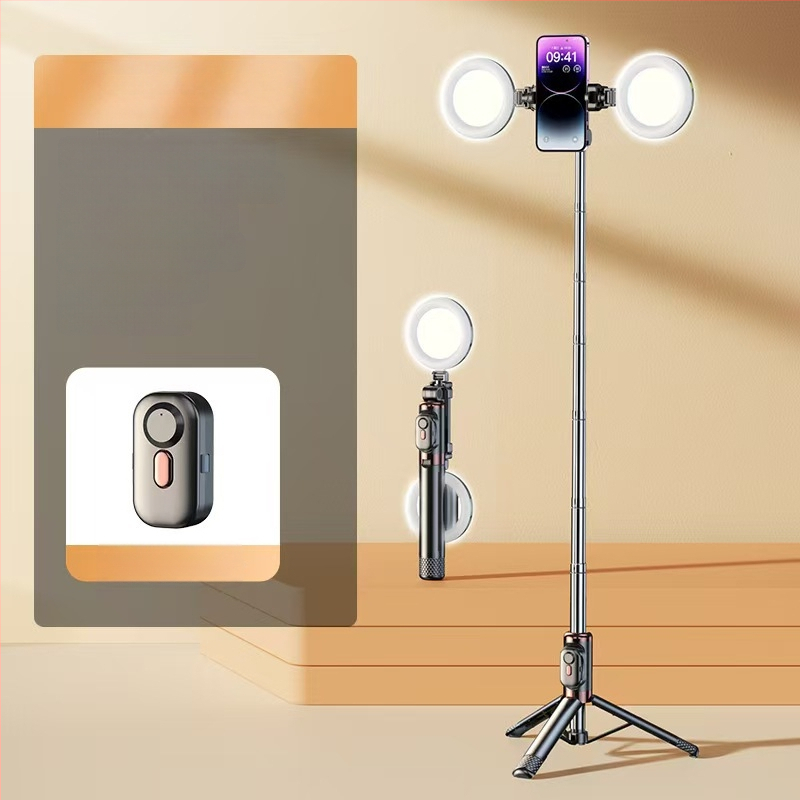 Mini belaidė Bluetooth selfie lazda telefonui su keturių kojų statyvu, teleskopinė, vaizdo stabilizacija, įmontuotas apšvietimas, medžiaga aliuminio lydinys + ABS