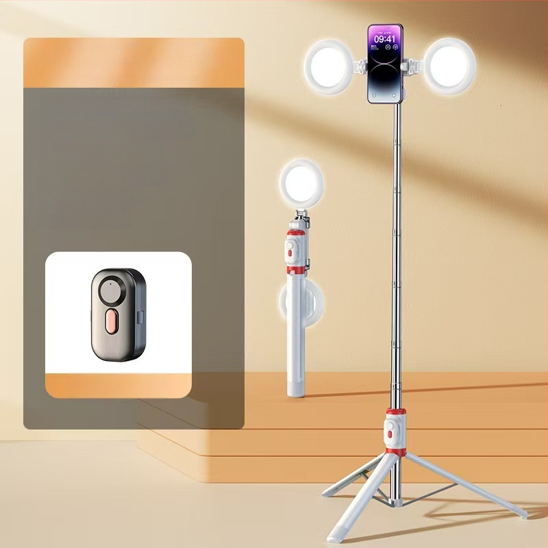 Mini belaidė Bluetooth selfie lazda telefonui su keturių kojų statyvu, teleskopinė, vaizdo stabilizacija, įmontuotas apšvietimas, medžiaga aliuminio lydinys + ABS