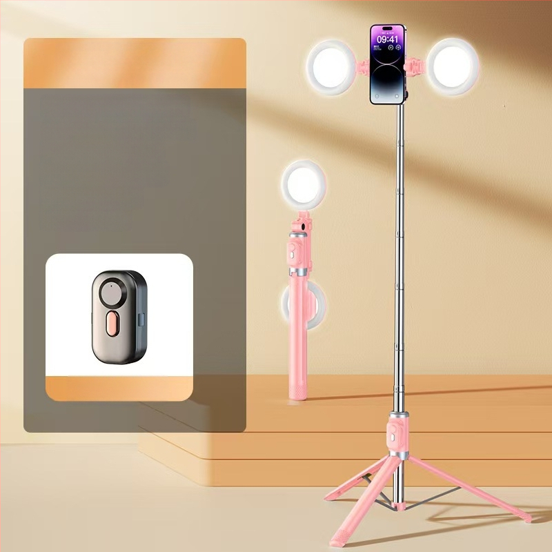 Mini belaidė Bluetooth selfie lazda telefonui su keturių kojų statyvu, teleskopinė, vaizdo stabilizacija, įmontuotas apšvietimas, medžiaga aliuminio lydinys + ABS
