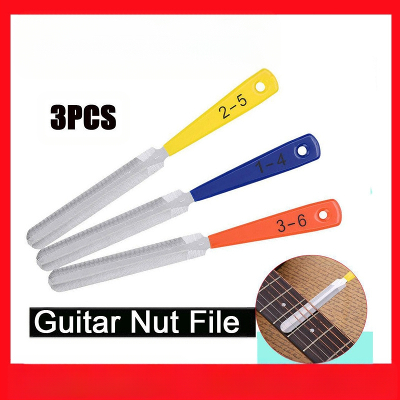 3 dalių rinkinys gitaros šlifavimo failams – nerūdijančio plieno; skirtas elektrinėms, akustinėms gitaroms ir bosui – įrankiai remontui