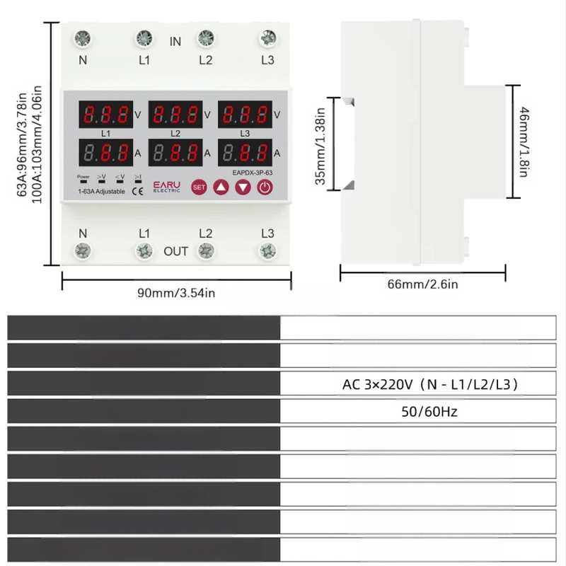 Trifazė įtampos virš/žemos apsauga su skaitmeniniu ekranu, reguliuojamas srovė, automatinis atstatymas, 63A/100A