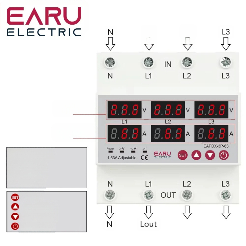 Trifazė įtampos virš/žemos apsauga su skaitmeniniu ekranu, reguliuojamas srovė, automatinis atstatymas, 63A/100A