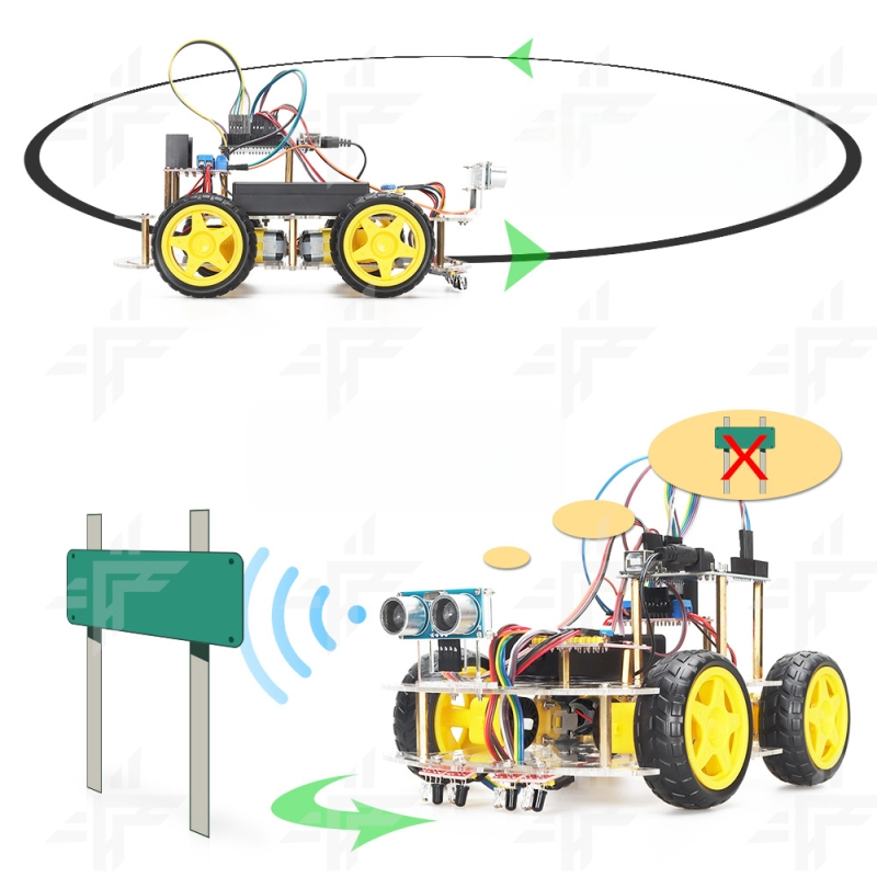 Arduino Uno-съвместим комплект за интелигентна кола-робот с ултразвуково избягване на препятствия и програмиране за проследяване на линия