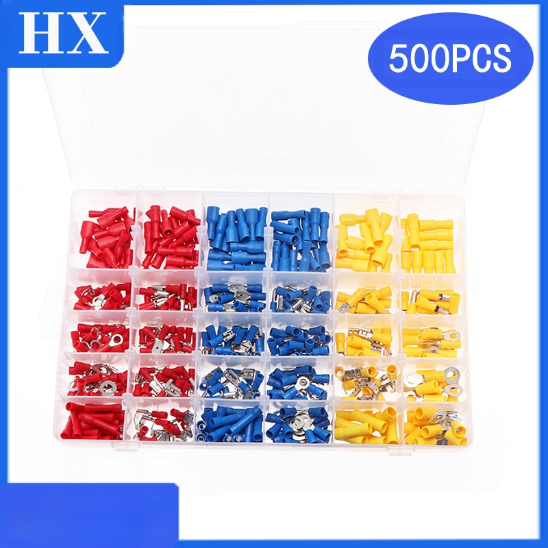 Together Predizolovaný káblový terminálový set, studené lisovanie, okrúhle vidlicové terminály, vodotesné meď terminály, sada 500 kusov, v krabici