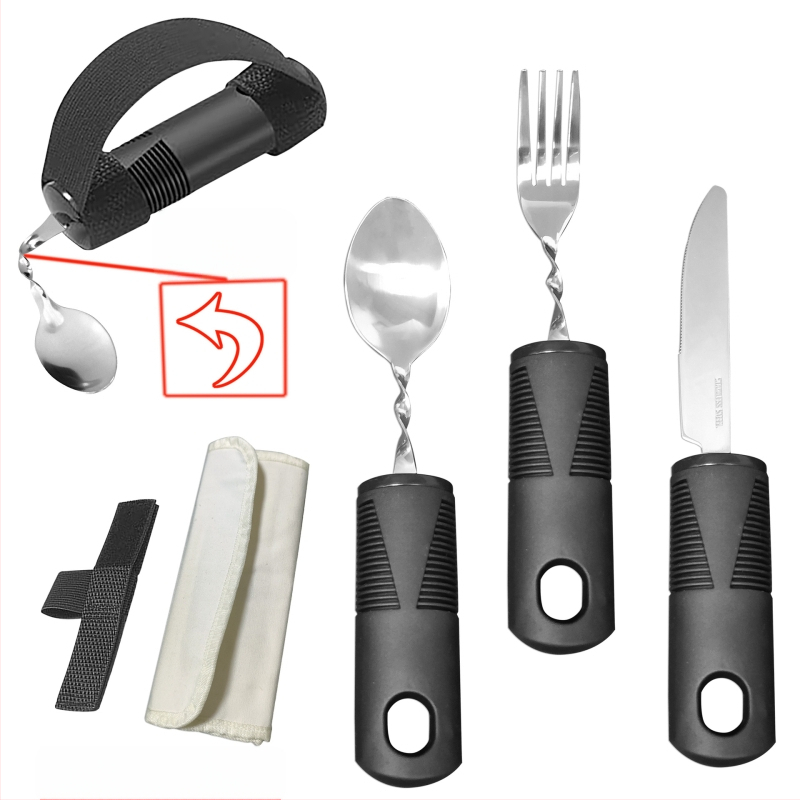 Nerūdijančio plieno 430 valgio įrankių rinkinys su gumine rankena, sulankstomas ir prisitaikantis vyresniems – peilis, šakutė ir šaukštas