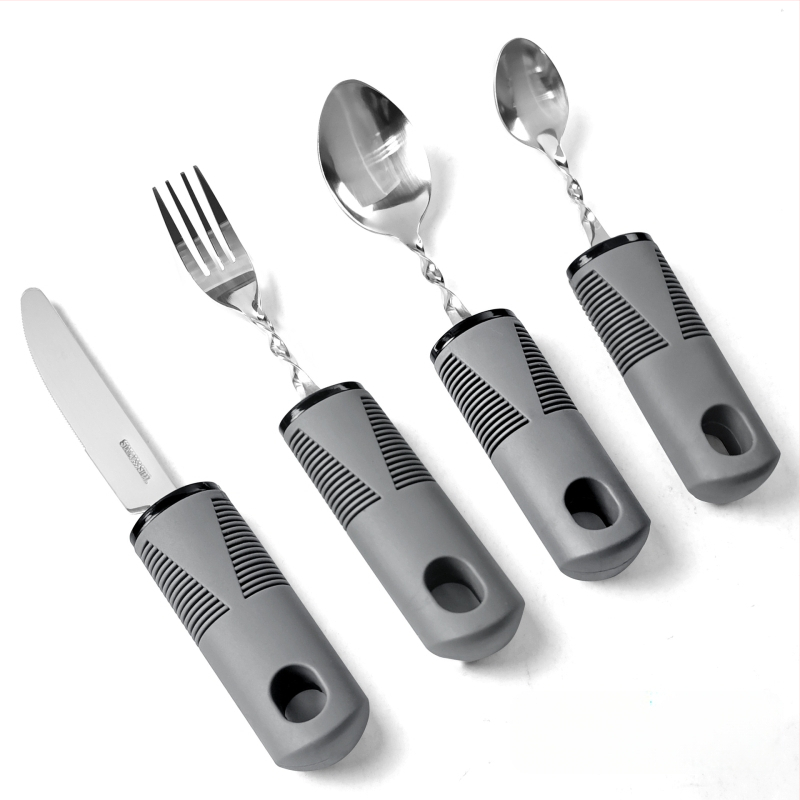 Nerūdijančio plieno 430 valgio įrankių rinkinys su gumine rankena, sulankstomas ir prisitaikantis vyresniems – peilis, šakutė ir šaukštas