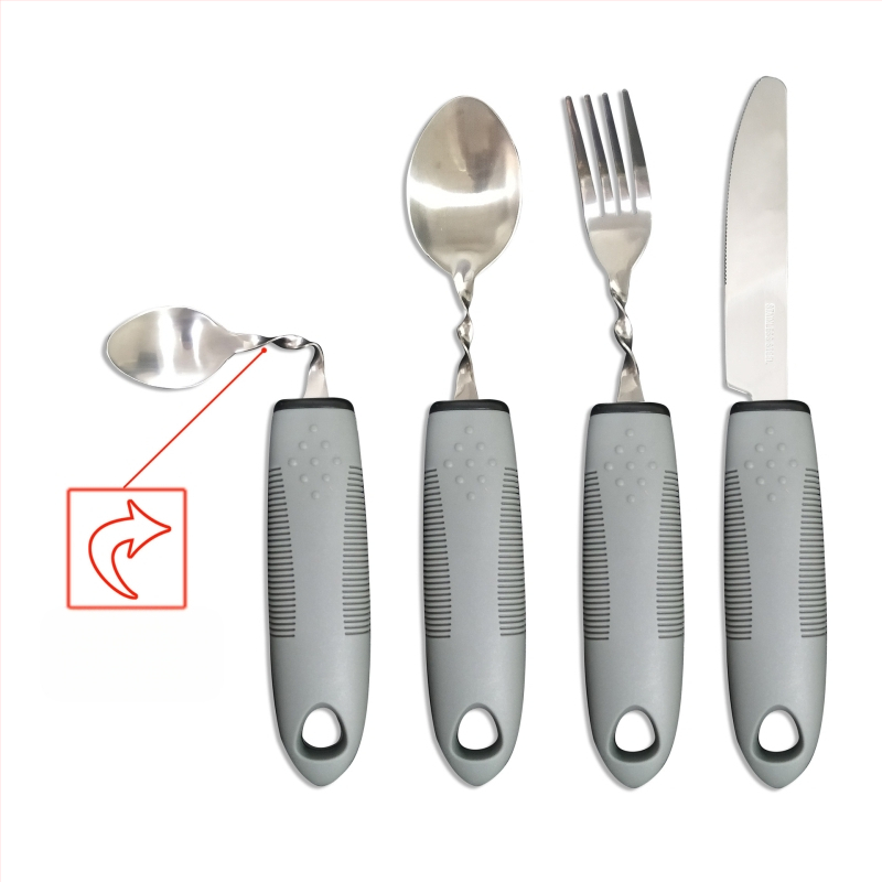 Nerūdijančio plieno 430 valgio įrankių rinkinys su gumine rankena, sulankstomas ir prisitaikantis vyresniems – peilis, šakutė ir šaukštas