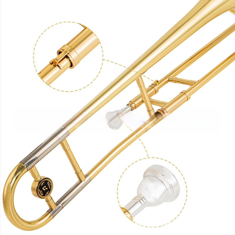ADDIE алто тромбон за начинаещи, тоналност E-flat до B-flat, среден регистър E-down, лаково златно покритие