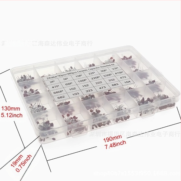 Кутия за керамични чип-капацитори, 960 бр., 24 стойности, 2pF–100nF, по 40 бр. за стойност, с жични изводи, разстояние между изводите 38,9 мм