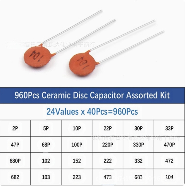 Кутия за керамични чип-капацитори, 960 бр., 24 стойности, 2pF–100nF, по 40 бр. за стойност, с жични изводи, разстояние между изводите 38,9 мм
