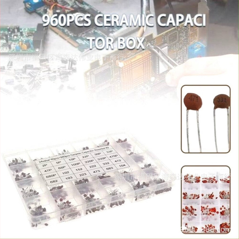 Кутия за керамични чип-капацитори, 960 бр., 24 стойности, 2pF–100nF, по 40 бр. за стойност, с жични изводи, разстояние между изводите 38,9 мм