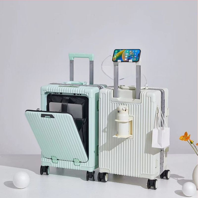 Αποσκευή με μπροστινό άνοιγμα από ABS+PC, TSA συνδυαστική κλειδαριά, θήκη για ποτήρι και κυκλικοί τροχοί.