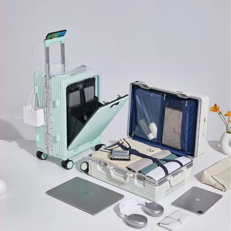 Αποσκευή με μπροστινό άνοιγμα από ABS+PC, TSA συνδυαστική κλειδαριά, θήκη για ποτήρι και κυκλικοί τροχοί.