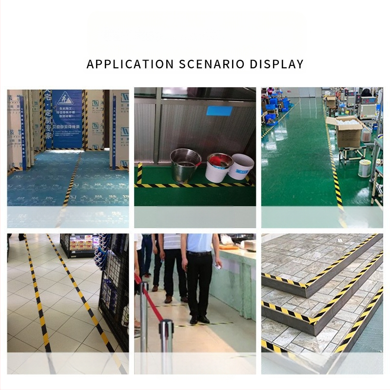 PE brīdinājuma lente būvniecības drošībai un grīdas marķējumam; gumijas bāzes līmējums; papīra kodols; temperatūras diapazons -50°C līdz 100°C; viegli noņemama bez līmes atlikumiem
