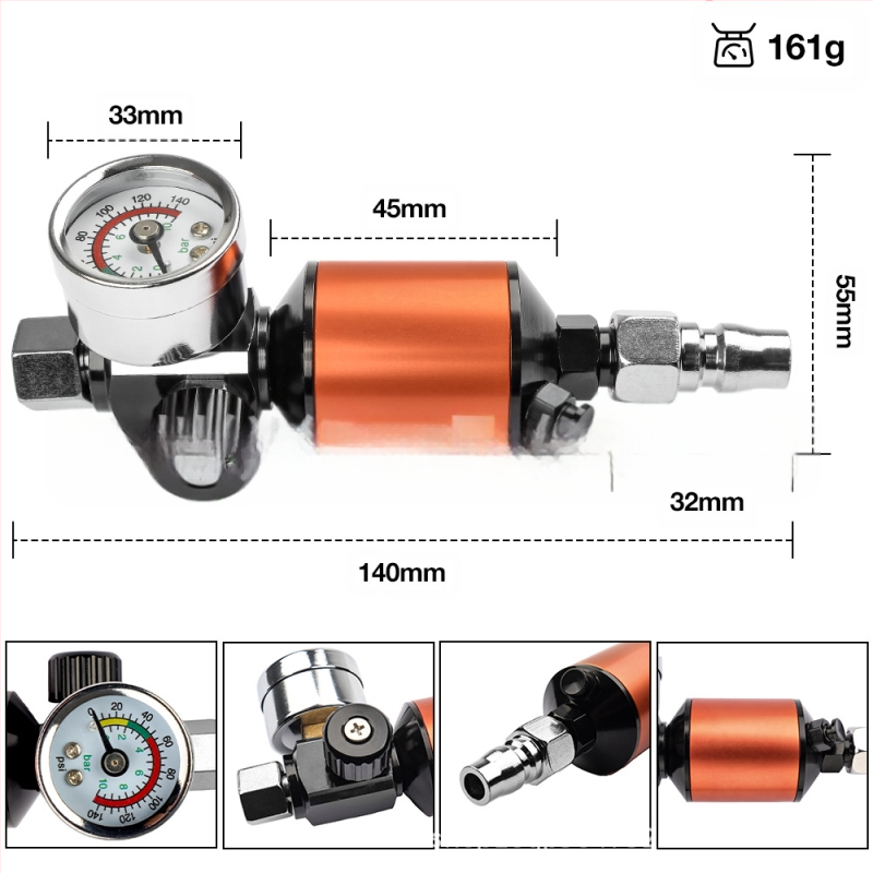 Purškimo pistoleto slėgio reguliatorius su alyvos-vandens atskyrėju ir oro filtru, svoris 0,2 kg