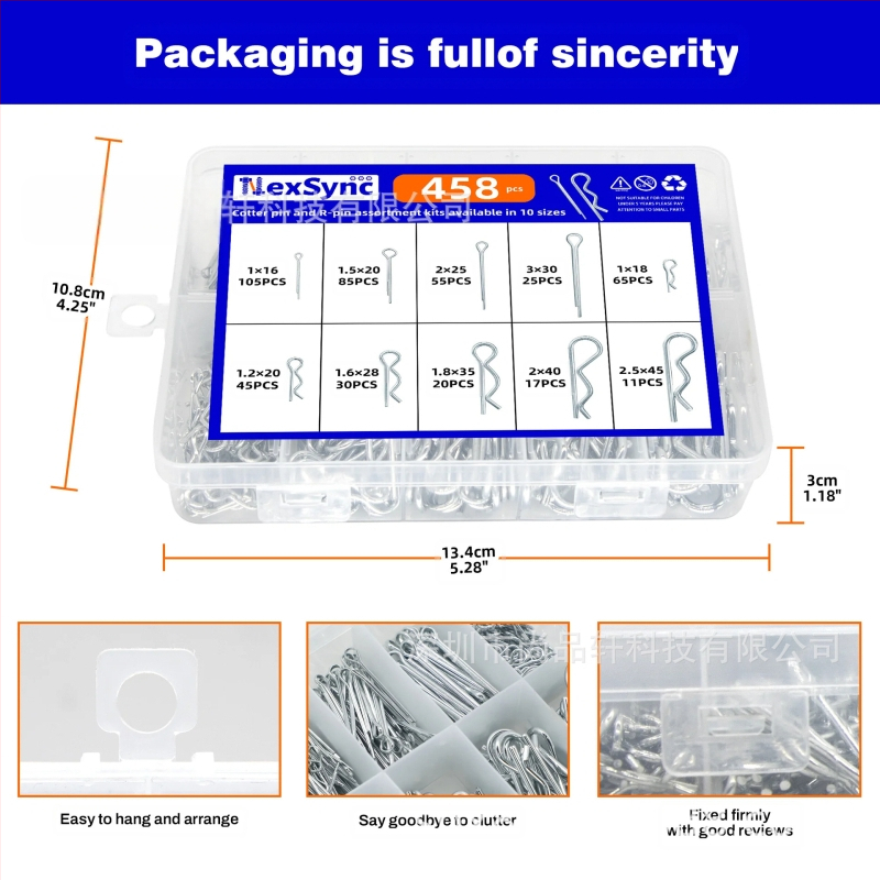 Комплект разделителни щифтове, 458 броя, прави и R-образни, от неръждаема стомана и галванизирана стомана, Shangpinxuan GB97