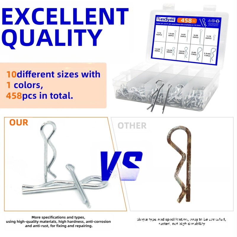 Комплект разделителни щифтове, 458 броя, прави и R-образни, от неръждаема стомана и галванизирана стомана, Shangpinxuan GB97