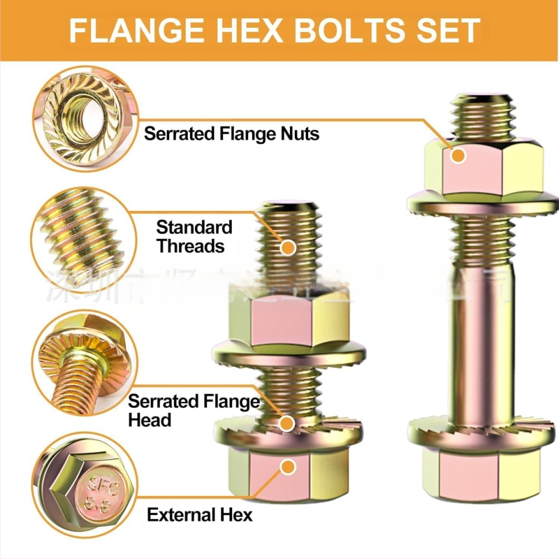 Комплект болтове и гайки с външна шестогранна глава и фланц, 521 бр., въглеродна стомана, клас A, GB/T 5789