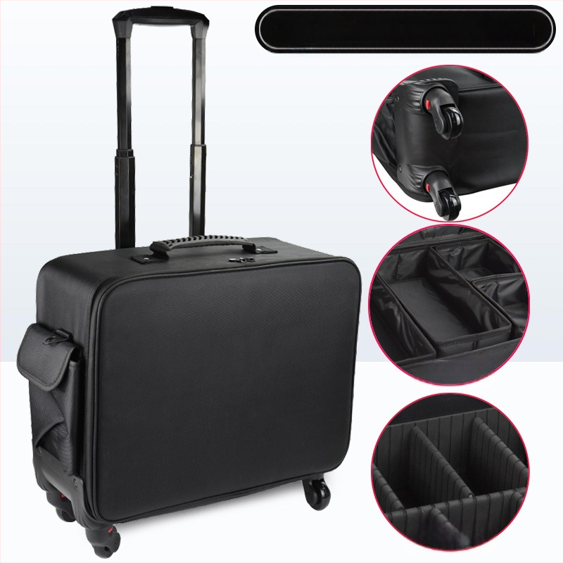 Geantă de machiaj pe roți, cu tijă de tragere, material Oxford, roți universale, închidere cu fermoar