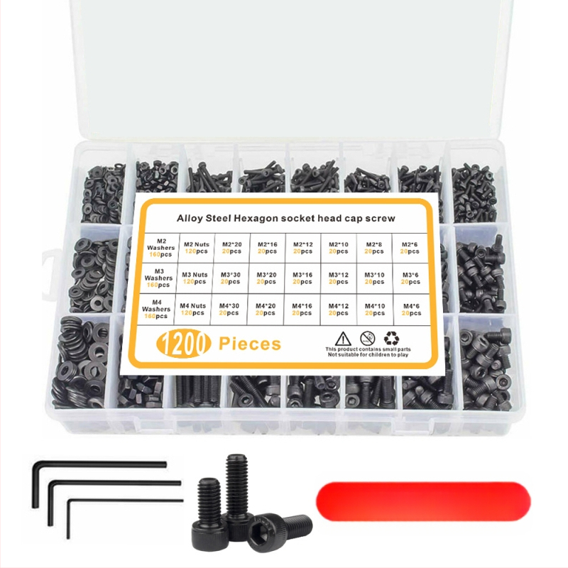 Комплект винтове с цилиндрична глава, шестогранна вложка, въглеродна стомана 8.8, оксидирана повърхност, DIN912-DIN934, 1200 бр., в кутия