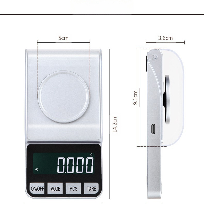 Tikslus papuošalų svarstykles, modelis 188A, apkrova 50 g/0.001 g, matmenys 7.4×14.2×3.6 cm, elektroninės, maitinimas USB arba 2x AAA