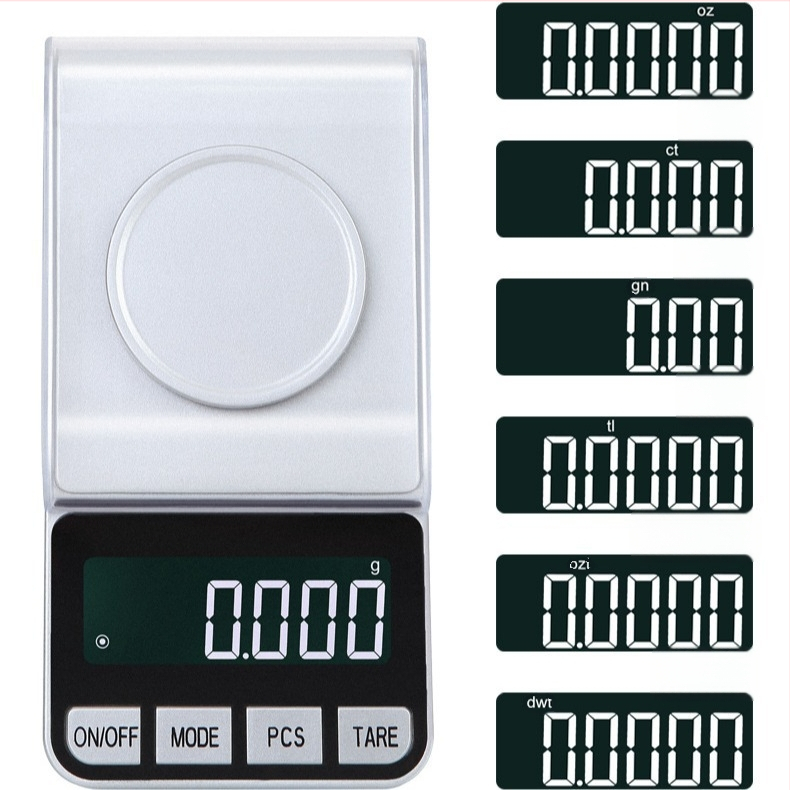 Tikslus papuošalų svarstykles, modelis 188A, apkrova 50 g/0.001 g, matmenys 7.4×14.2×3.6 cm, elektroninės, maitinimas USB arba 2x AAA