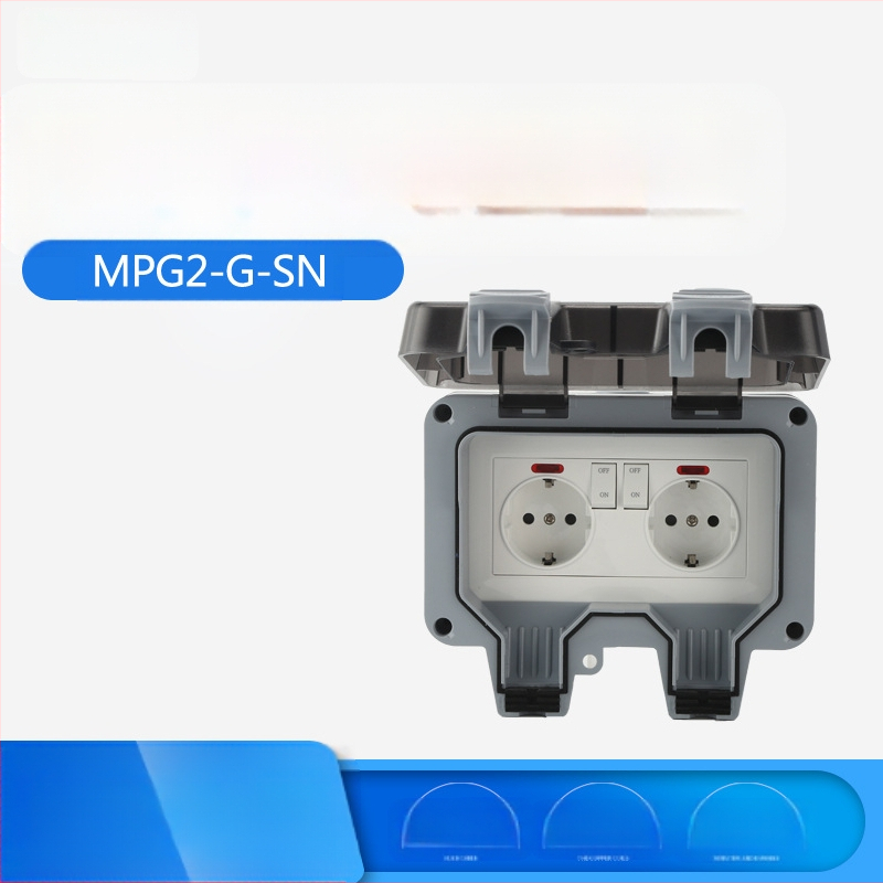 Lauko atsparus vandeniui Schuko dvigubas lizdas su jungikliu ir indikatoriaus lempute (ES standartas)