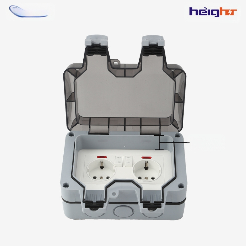 Lauko atsparus vandeniui Schuko dvigubas lizdas su jungikliu ir indikatoriaus lempute (ES standartas)
