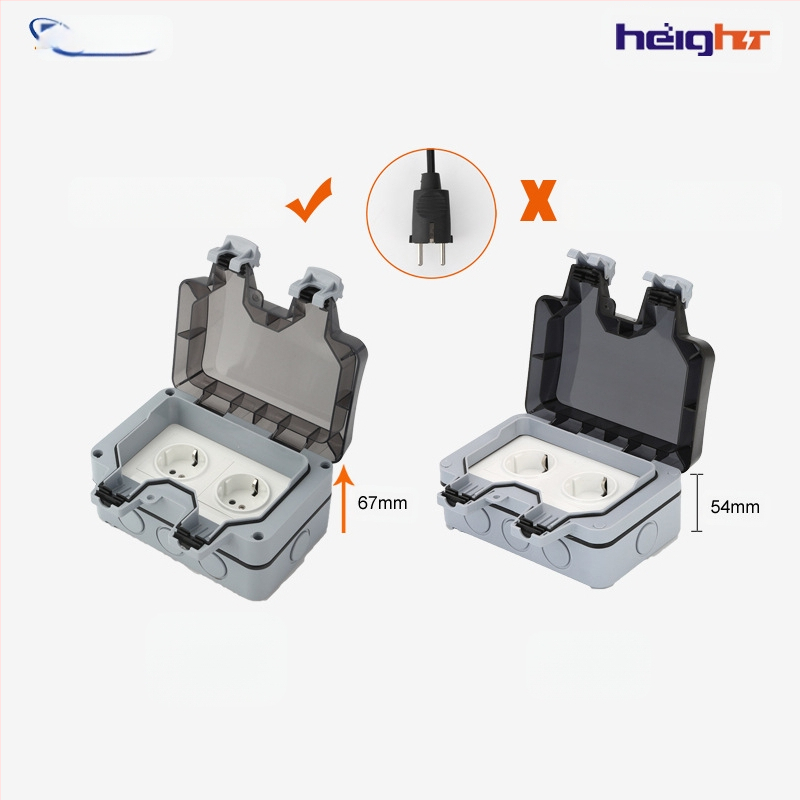 Lauko atsparus vandeniui Schuko dvigubas lizdas su jungikliu ir indikatoriaus lempute (ES standartas)