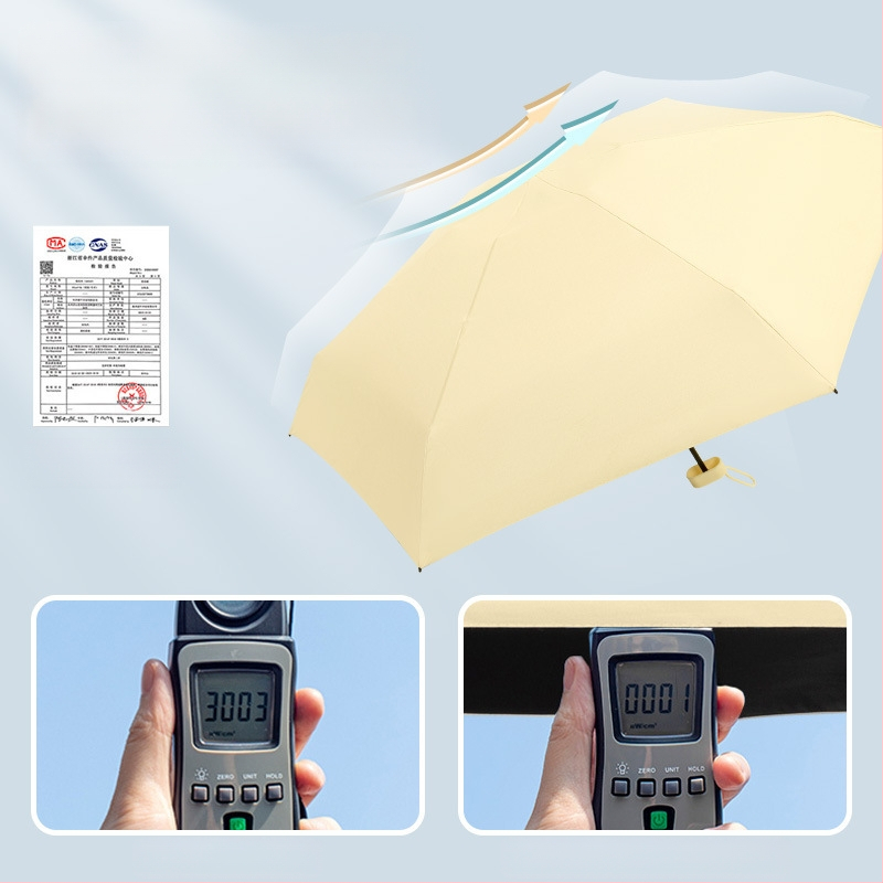 Kapsulinio tipo skėtis moterims, 6 rėmų, 210T audinys, UPF >40, rankinis atidarymas‑uždarymas, svoris 220 g